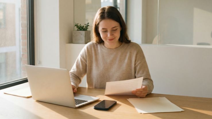 ragazza con fogli al lavoro e computer